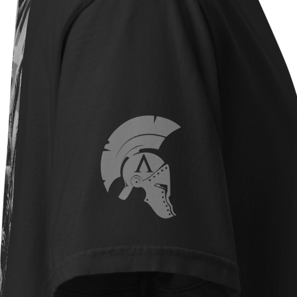 Close up of right sleeve of Black short sleeve unisex fit classic cotton T-Shirt by Achilles Tactical Clothing Brand printed with Large VJ DAY design across back