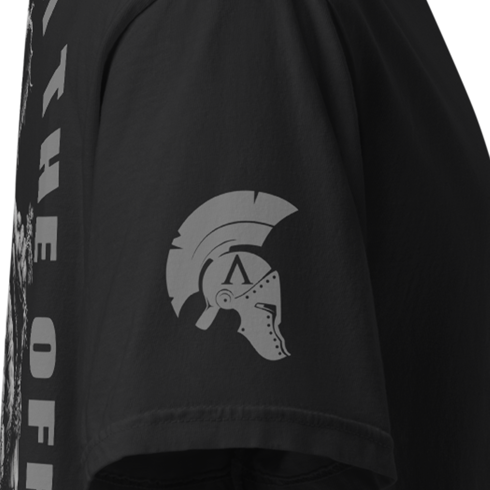 Close up of right sleeve of Black short sleeve unisex fit classic cotton T-Shirt by Achilles Tactical Clothing Brand printed with Large Just Another Day at the Office carrot Cruncher design across back