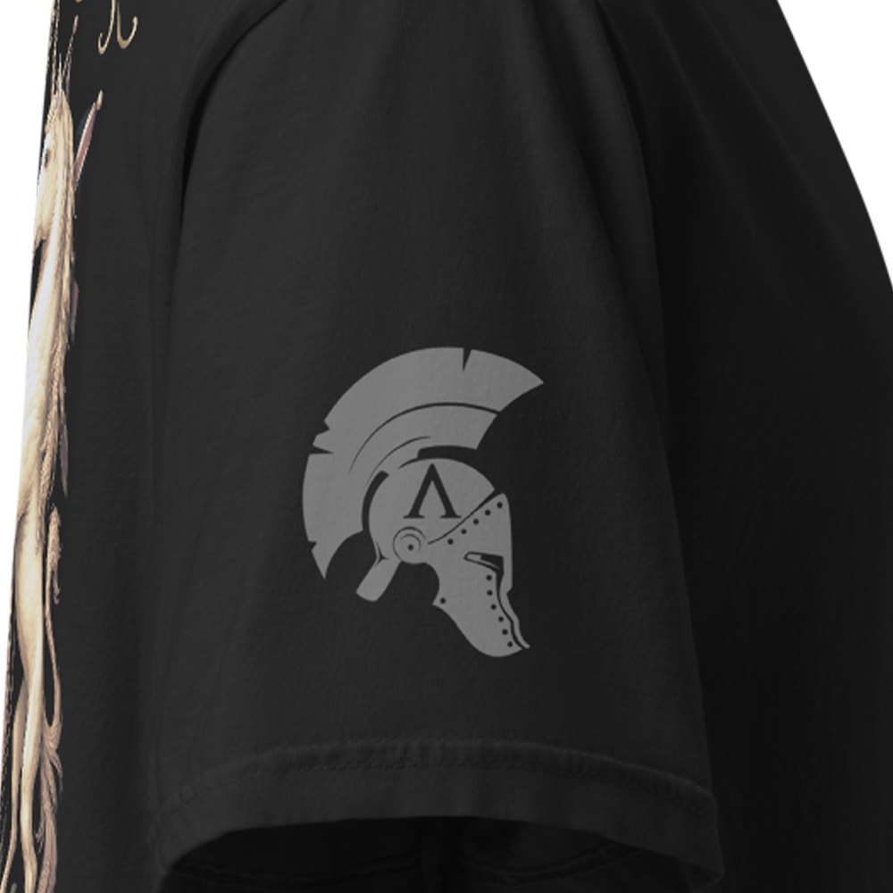 Close up of right sleeve of Black short sleeve unisex fit classic cotton T-Shirt by Achilles Tactical Clothing Brand printed with Large Dieu Et Mon Droit design across back