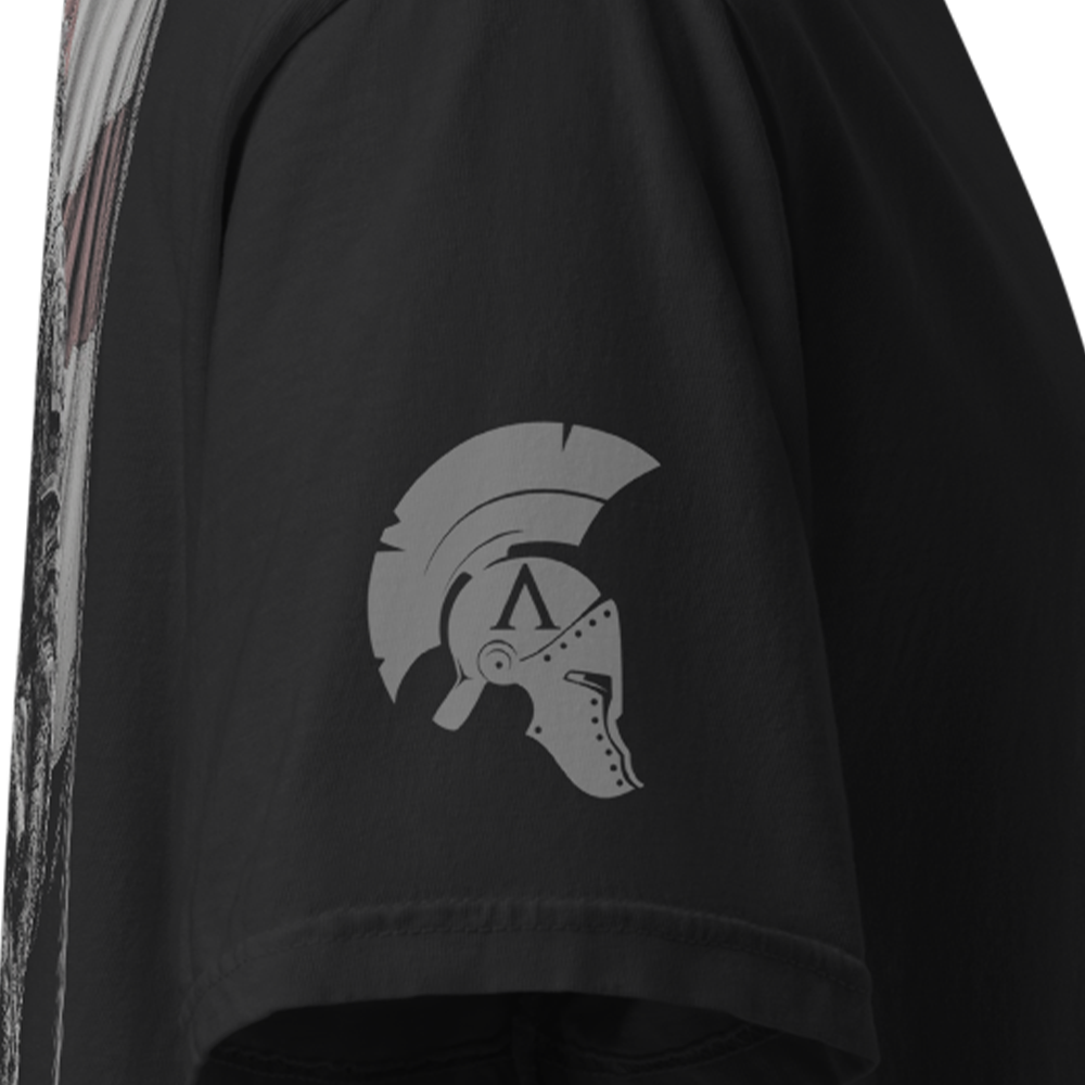 Close up of right sleeve of Black short sleeve unisex fit classic cotton T-Shirt by Achilles Tactical Clothing Brand printed with Large English Knight II design across back