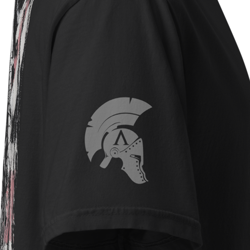 Close up of right sleeve of Black short sleeve unisex fit classic cotton T-Shirt by Achilles Tactical Clothing Brand printed with Large Great Britain design across back