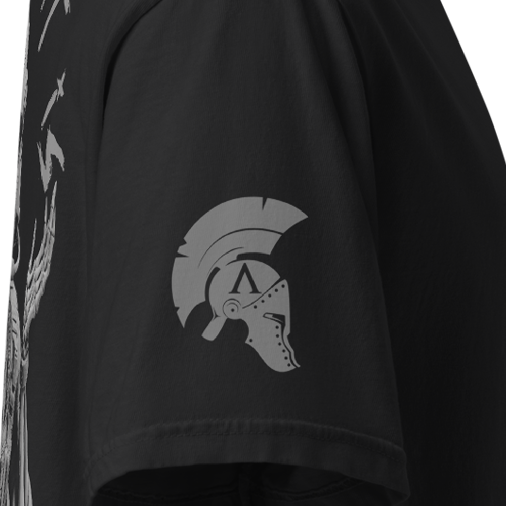 Close up of right sleeve of Black short sleeve unisex fit classic cotton T-Shirt by Achilles Tactical Clothing Brand printed with Large it is what it is design across back