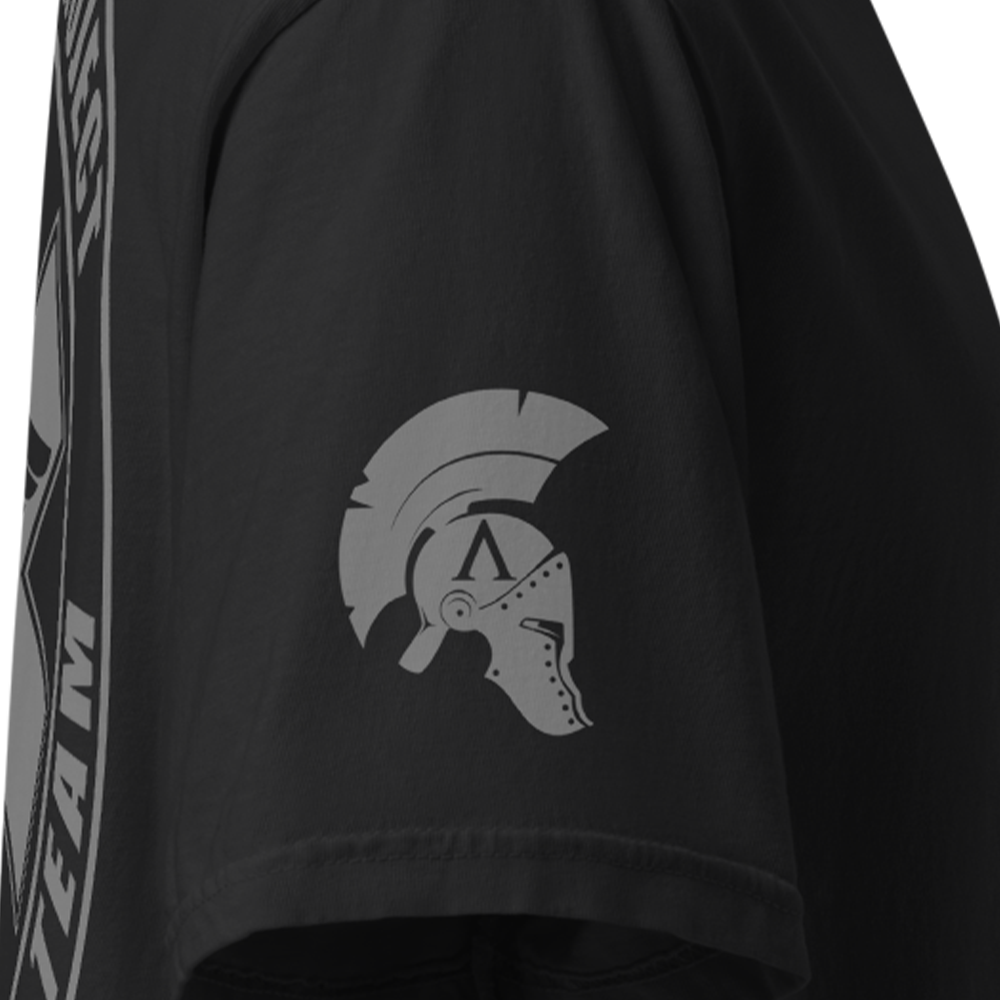 Close up of right sleeve of Black short sleeve unisex fit classic cotton T-Shirt by Achilles Tactical Clothing Brand printed with Large Khormor Project design across back