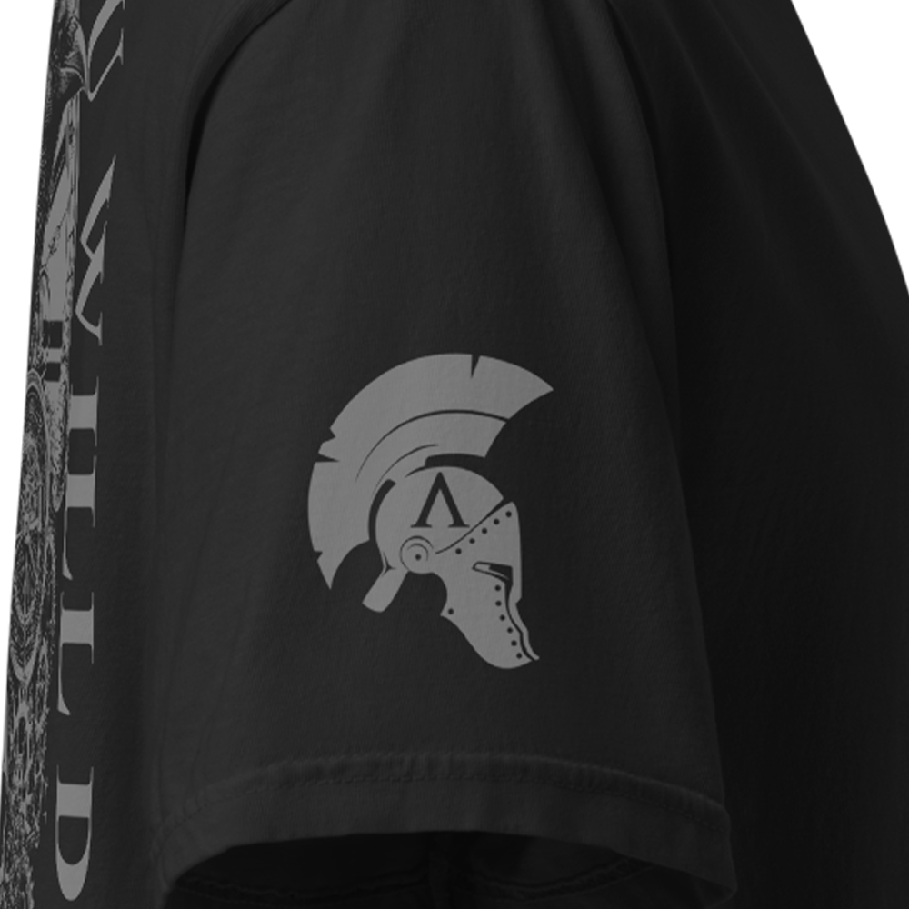 Close up of right sleeve of Black short sleeve unisex fit classic cotton T-Shirt by Achilles Tactical Clothing Brand printed with Large Memento Mori design across back
