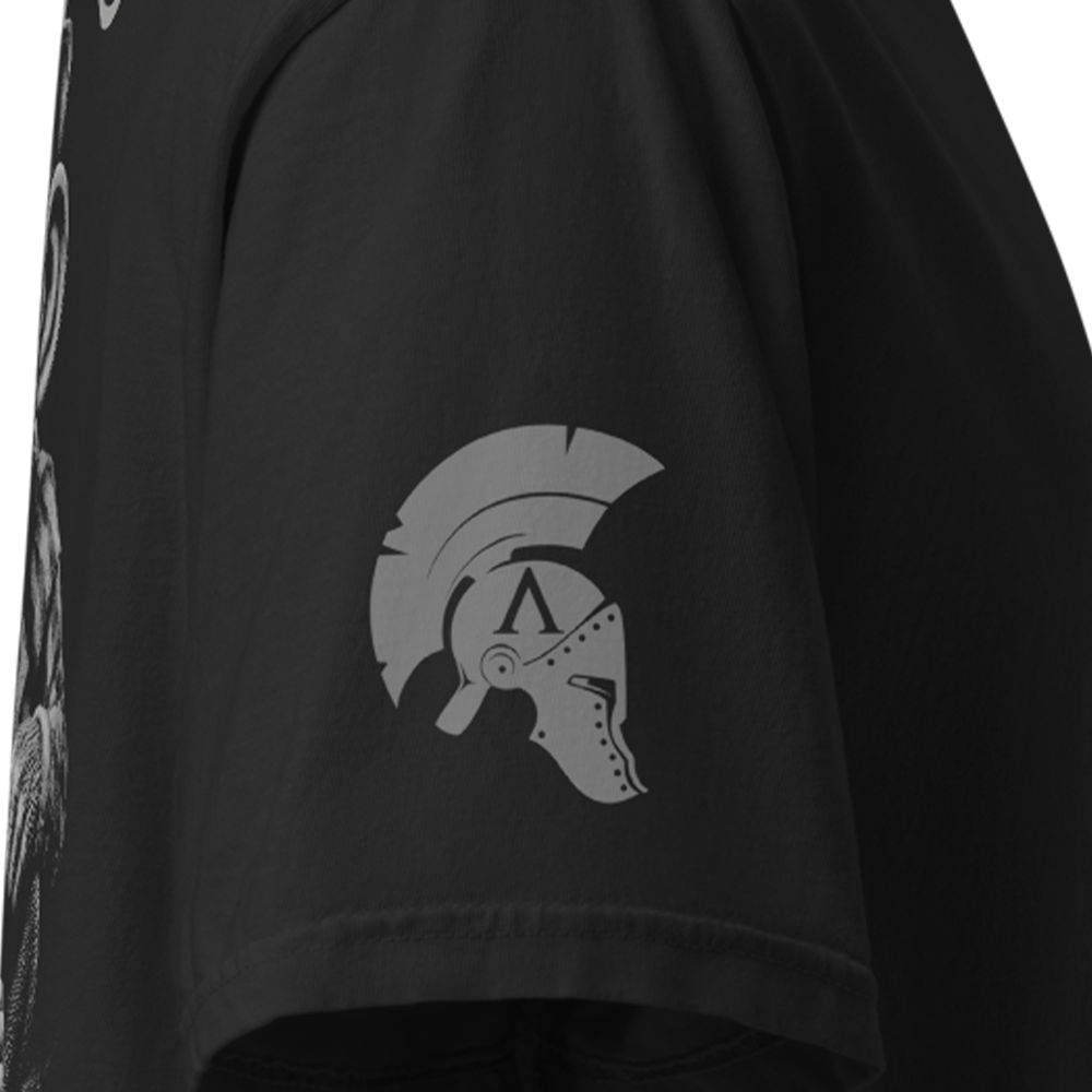 Close up of right sleeve of Black short sleeve unisex fit classic cotton T-Shirt by Achilles Tactical Clothing Brand printed with Large Not my circus not my monkeys design across back
