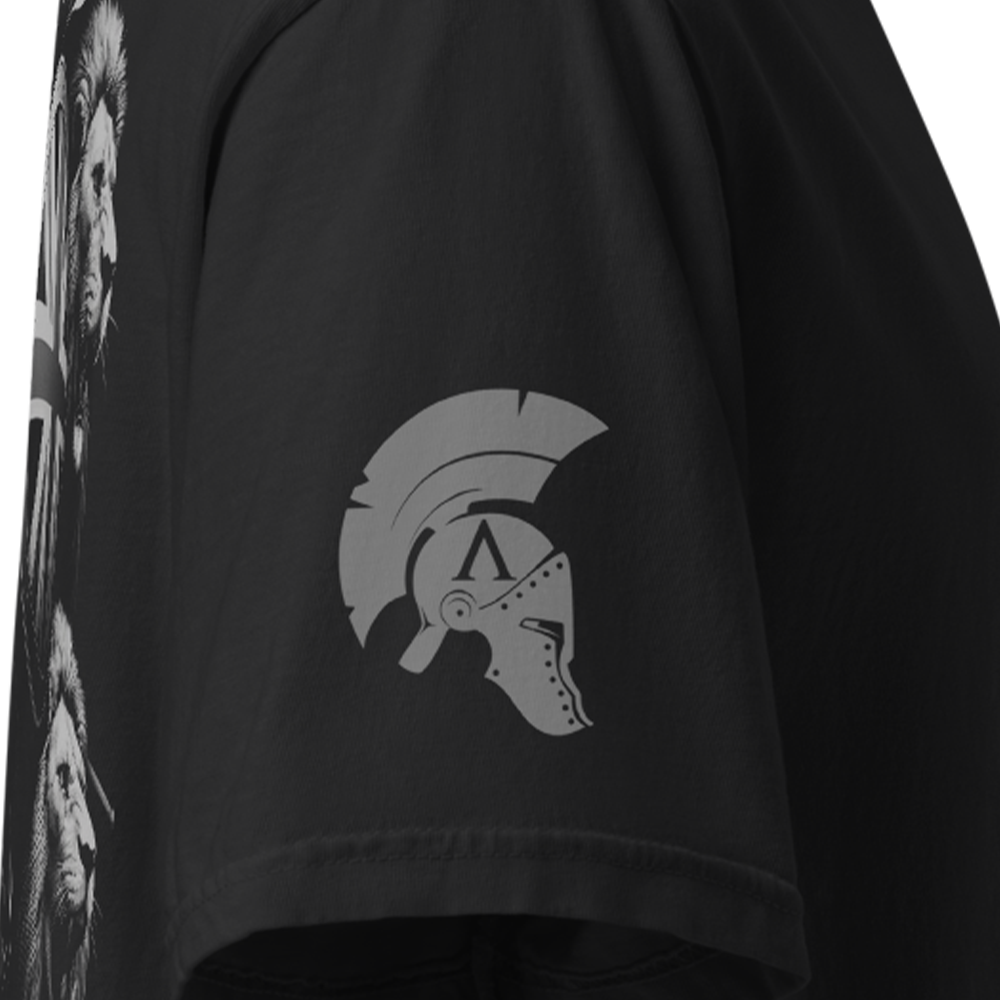 Close up of Right sleeve of Black short sleeve unisex fit classic cotton T-Shirt by Achilles Tactical Clothing Brand printed with Large Our Lady Britannia design across back