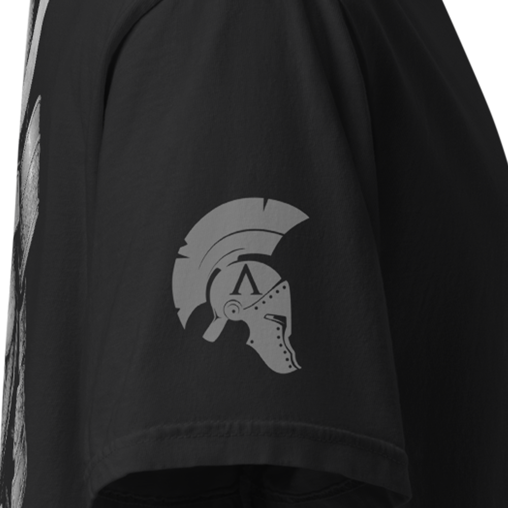 Close up of right sleeve of Black short sleeve unisex fit classic cotton T-Shirt by Achilles Tactical Clothing Brand printed with Large Ronin ghost grey design across back