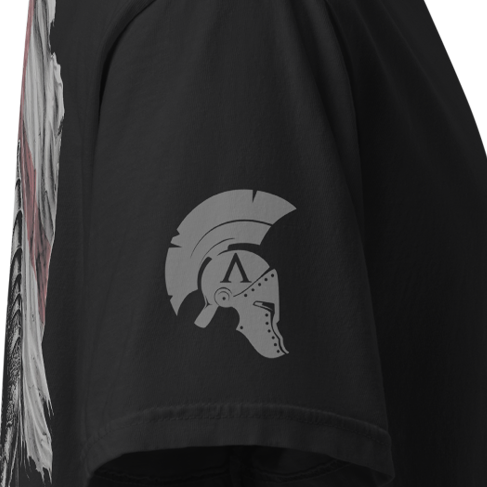 Close up of right sleeve of Black short sleeve unisex fit classic cotton T-Shirt by Achilles Tactical Clothing Brand printed with Large English Knight design across back