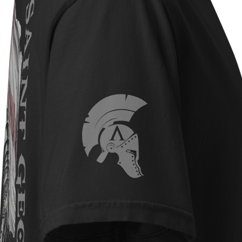 Close up of right sleeve of Black short sleeve unisex fit classic cotton T-Shirt by Achilles Tactical Clothing Brand printed with Large Saint George design across back