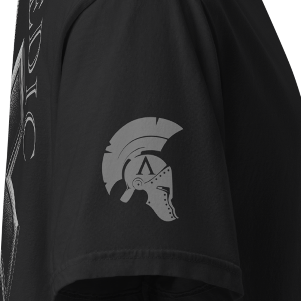 Close up of right sleeve of Black short sleeve unisex fit classic cotton T-Shirt by Achilles Tactical Clothing Brand printed with Large Tactical Medic I First Do No Harm design across back
