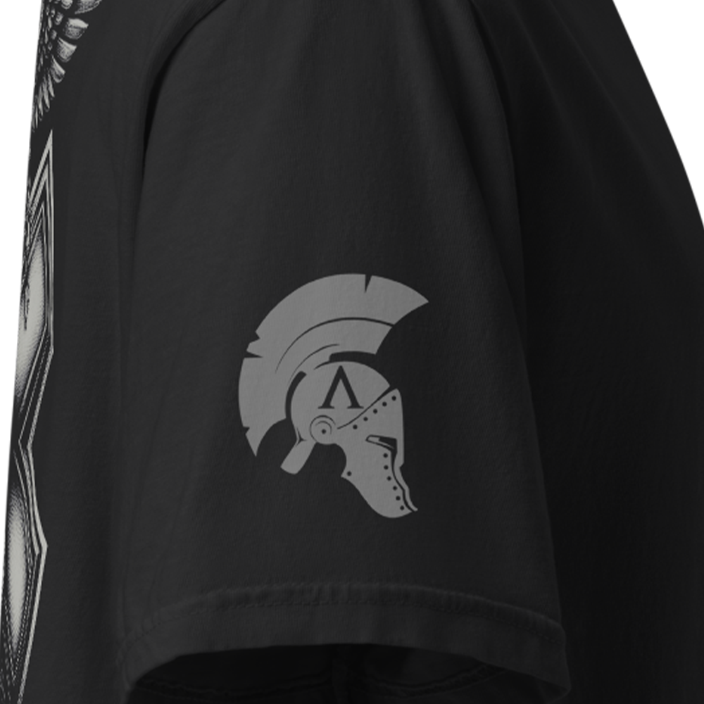 Close up of right sleeve of Black short sleeve unisex fit classic cotton T-Shirt by Achilles Tactical Clothing Brand printed with Large Tactical Medic II design across back