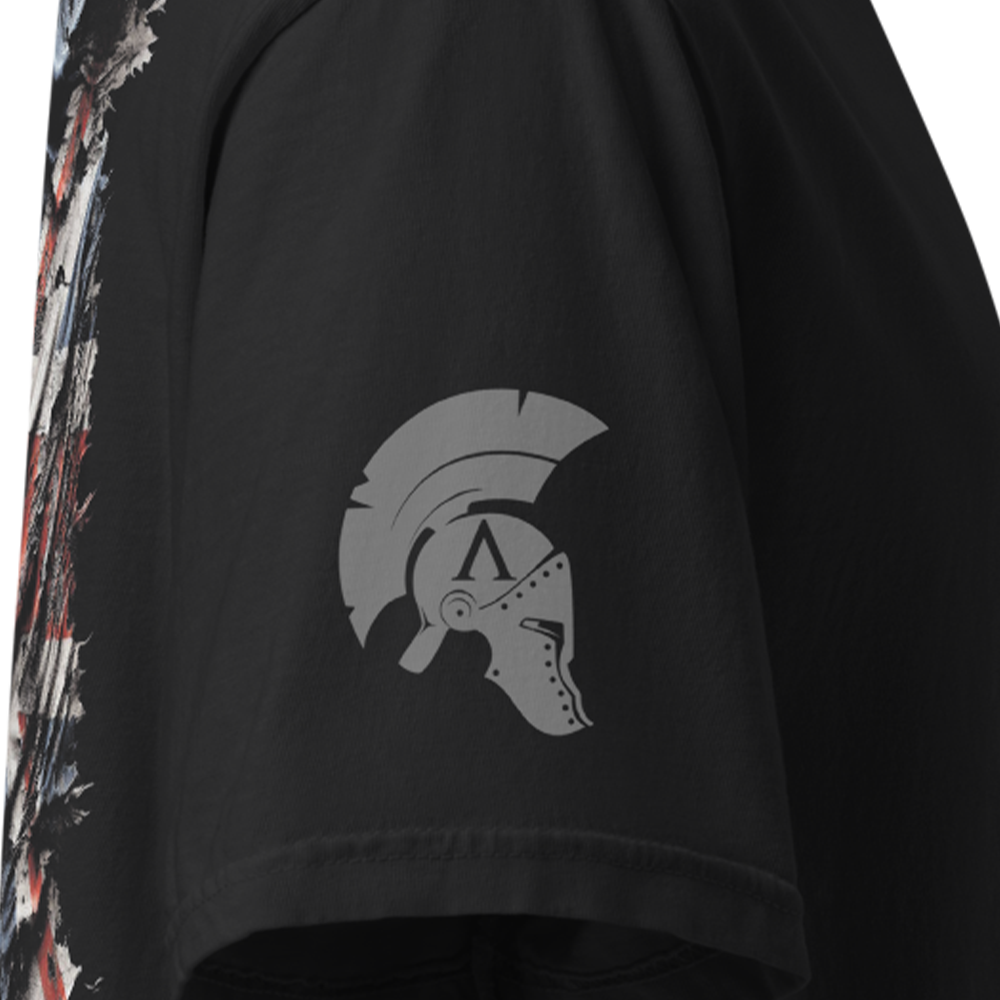 Close up of right sleeve of Black short sleeve unisex fit classic cotton T-Shirt by Achilles Tactical Clothing Brand printed with Large These Colours Don't Run design across back