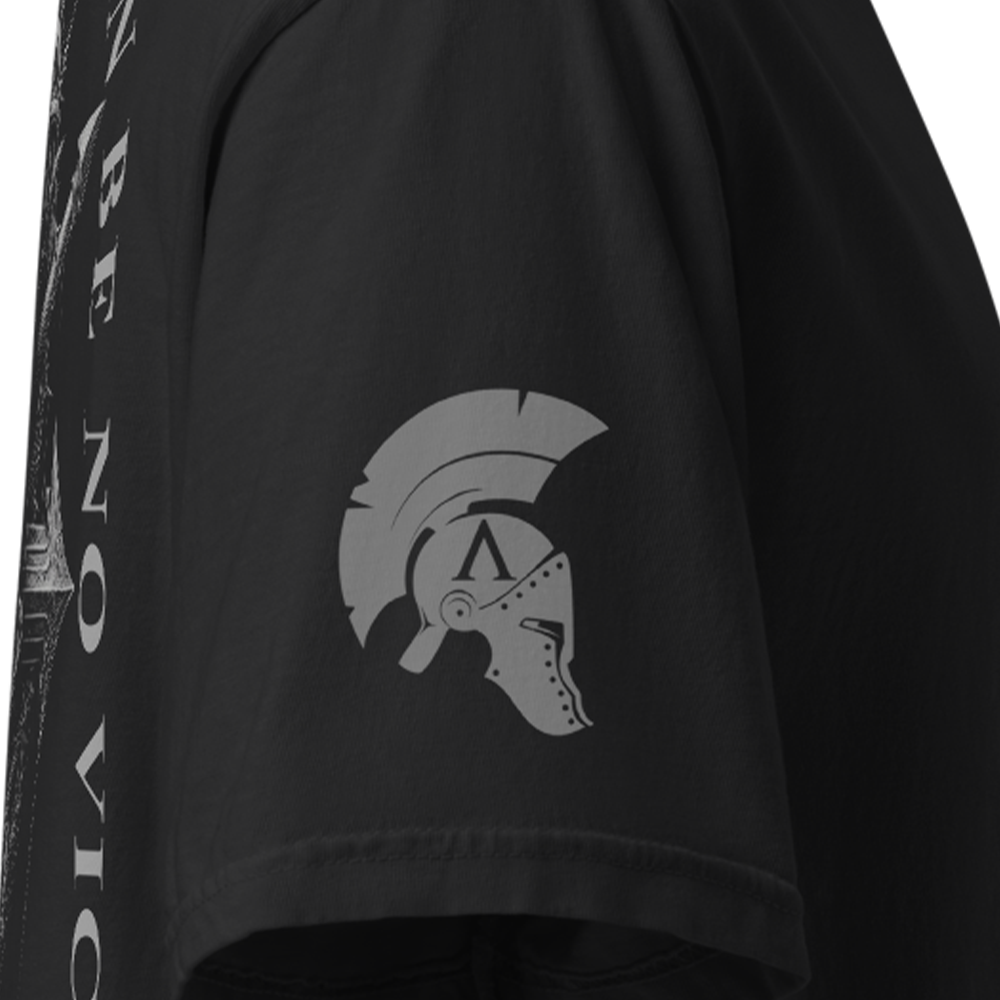 Close up of right sleeve of Black short sleeve unisex fit classic cotton T-Shirt by Achilles Tactical Clothing Brand printed with Large Without Sacrifice design across back