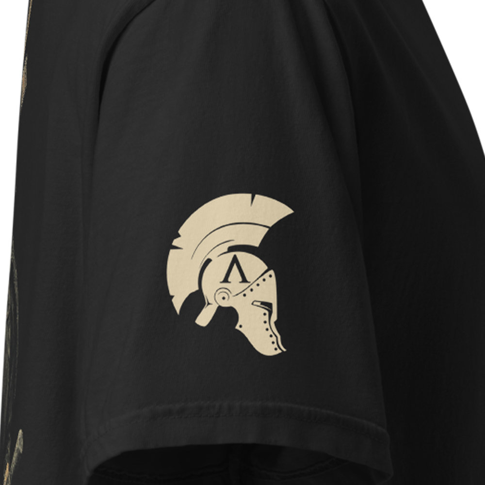 Close up of right sleeve of Black short sleeve unisex fit classic cotton T-Shirt by Achilles Tactical Clothing Brand printed with Large War pig design across back