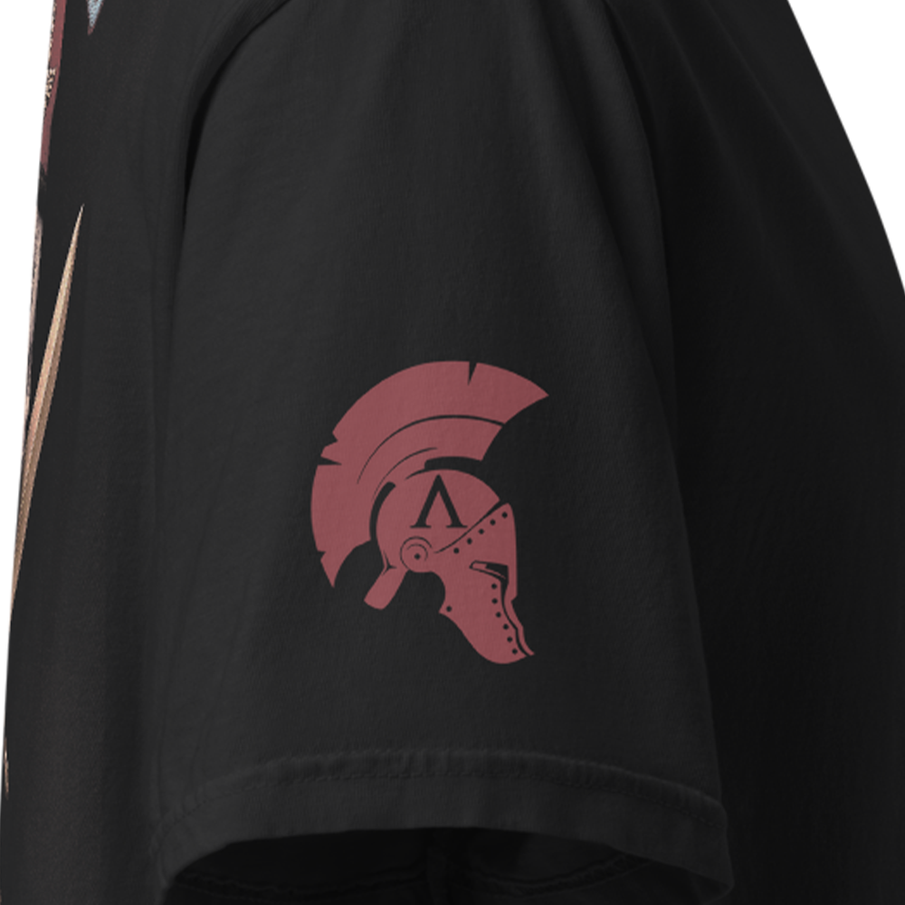 Close up of right sleeve of Black short sleeve unisex fit classic cotton T-Shirt by Achilles Tactical Clothing Brand printed with Large Parachute Regiment Airborne design across back