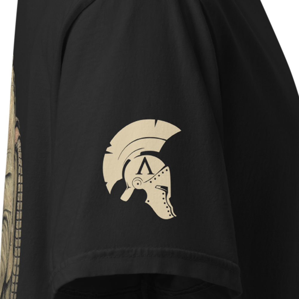 Close up of right sleeve of Black short sleeve unisex fit classic cotton T-Shirt by Achilles Tactical Clothing Brand printed with Large Ol Painless design across back