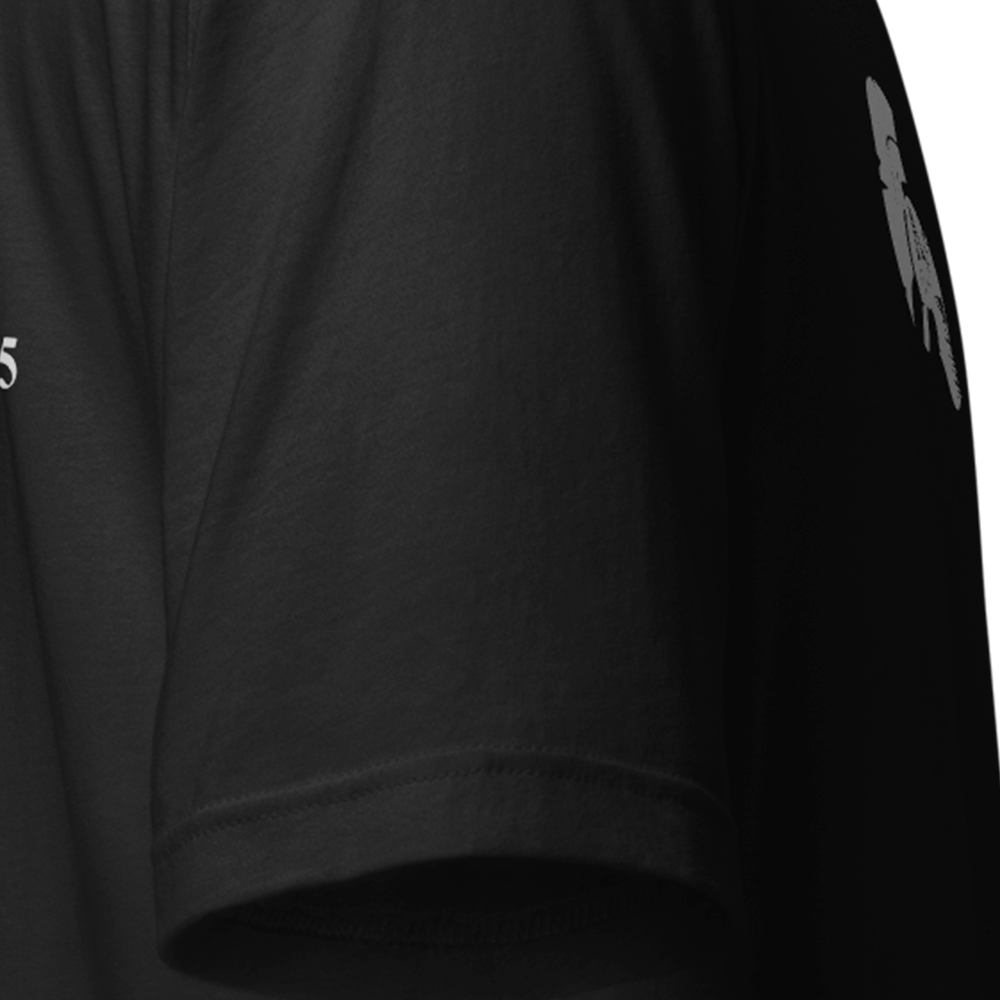 Close up of front right sleeve of Black short sleeve unisex fit original cotton T-Shirt by Achilles Tactical Clothing Brand printed with VE DAY 80 design across back
