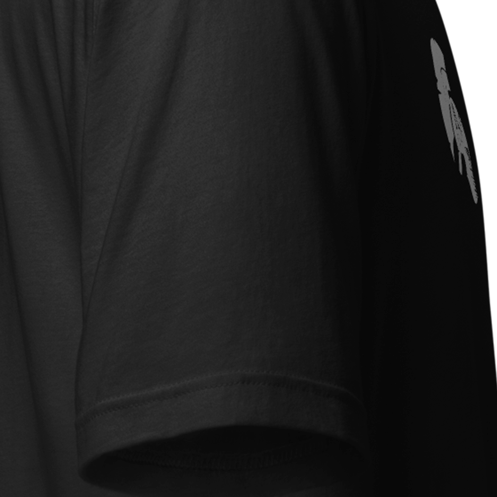 Close up of right sleeve of Black short sleeve unisex fit original cotton T-Shirt by Achilles Tactical Clothing Brand printed with VJ DAY design across back