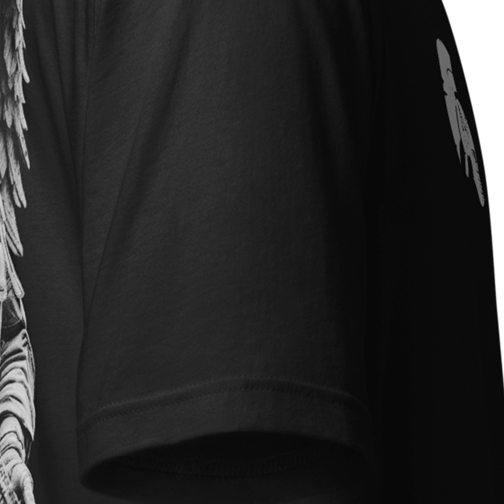 Close up of right sleeve of Black short sleeve unisex fit original cotton T-Shirt by Achilles Tactical Clothing Brand printed with Armed Angel design across back