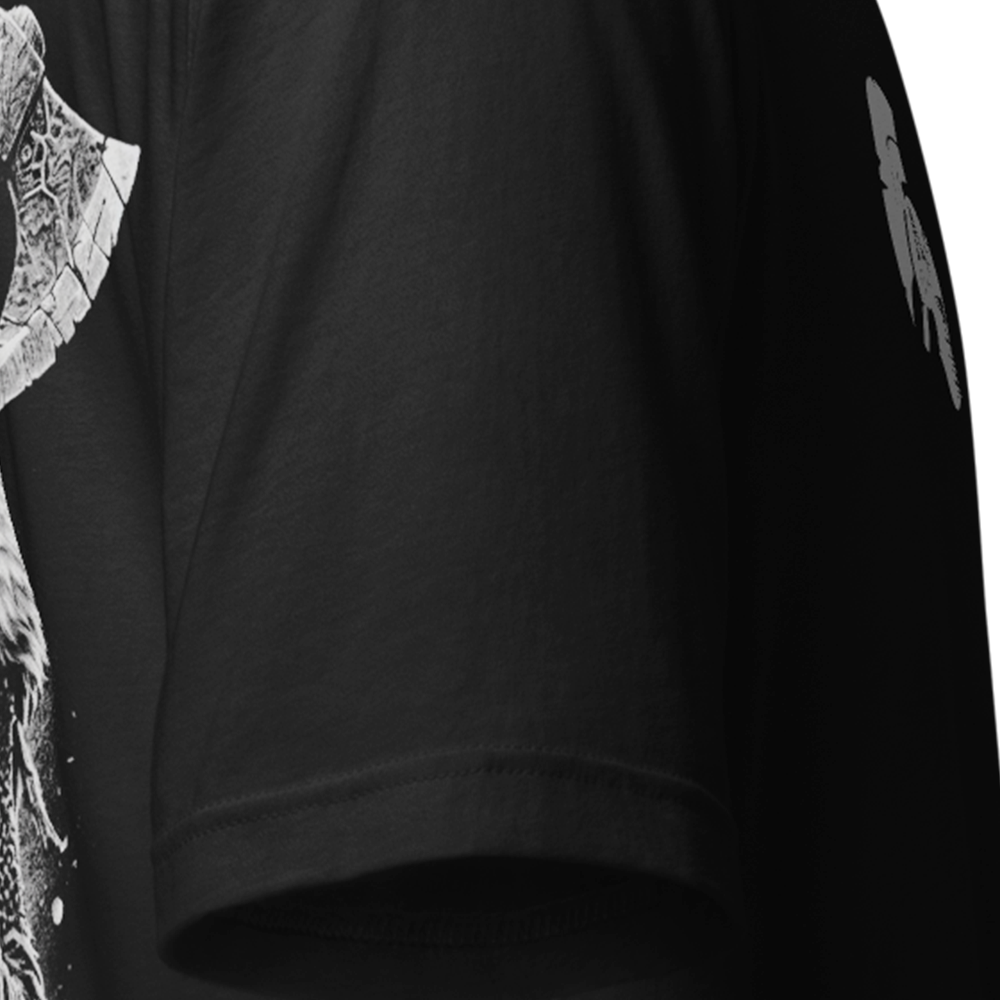 Close up of right sleeve of Black short sleeve unisex fit original cotton T-Shirt by Achilles Tactical Clothing Brand printed with Berserker design across back