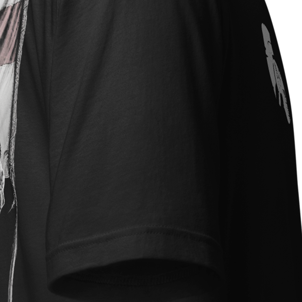 Close up of right sleeve of Black short sleeve unisex fit original cotton T-Shirt by Achilles Tactical Clothing Brand printed with English Knight II design across back