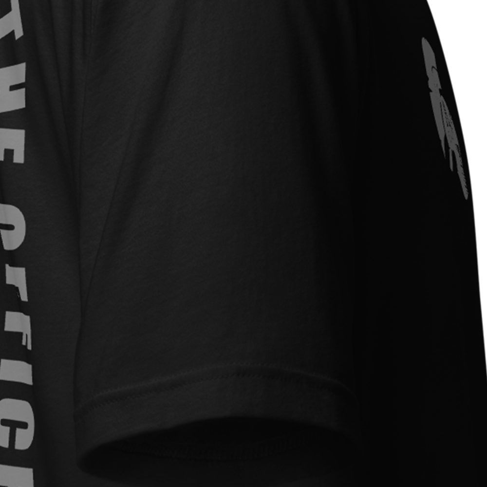 Close up of right sleeve of Black short sleeve unisex fit original cotton T-Shirt by Achilles Tactical Clothing Brand printed with Just Another Day at The Office carrot Cruncher design across back