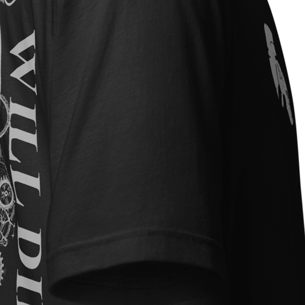 Close up of right sleeve of Black short sleeve unisex fit original cotton T-Shirt by Achilles Tactical Clothing Brand printed with Memento Mori design across back