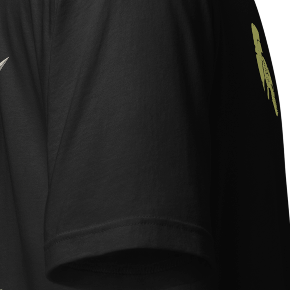 Close up of right sleeve of Black short sleeve unisex fit original cotton T-Shirt by Achilles Tactical Clothing Brand printed with Royal marines Commando design across back