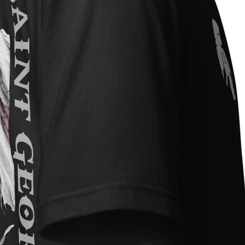 Close up of right sleeve of Black short sleeve unisex fit original cotton T-Shirt by Achilles Tactical Clothing Brand printed with Saint George design across back