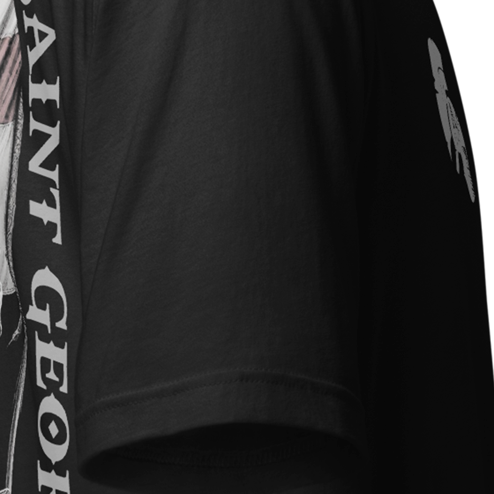 Close up of right sleeve of Black short sleeve unisex fit original cotton T-Shirt by Achilles Tactical Clothing Brand printed with Saint George II design across back