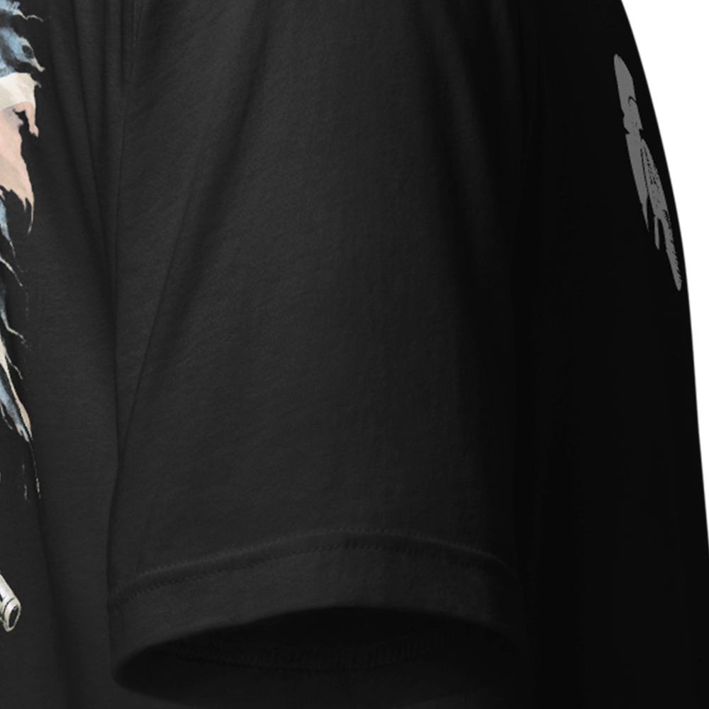 Close up of right sleeve of Black short sleeve unisex fit original cotton T-Shirt by Achilles Tactical Clothing Brand printed with This flag we defend design across back