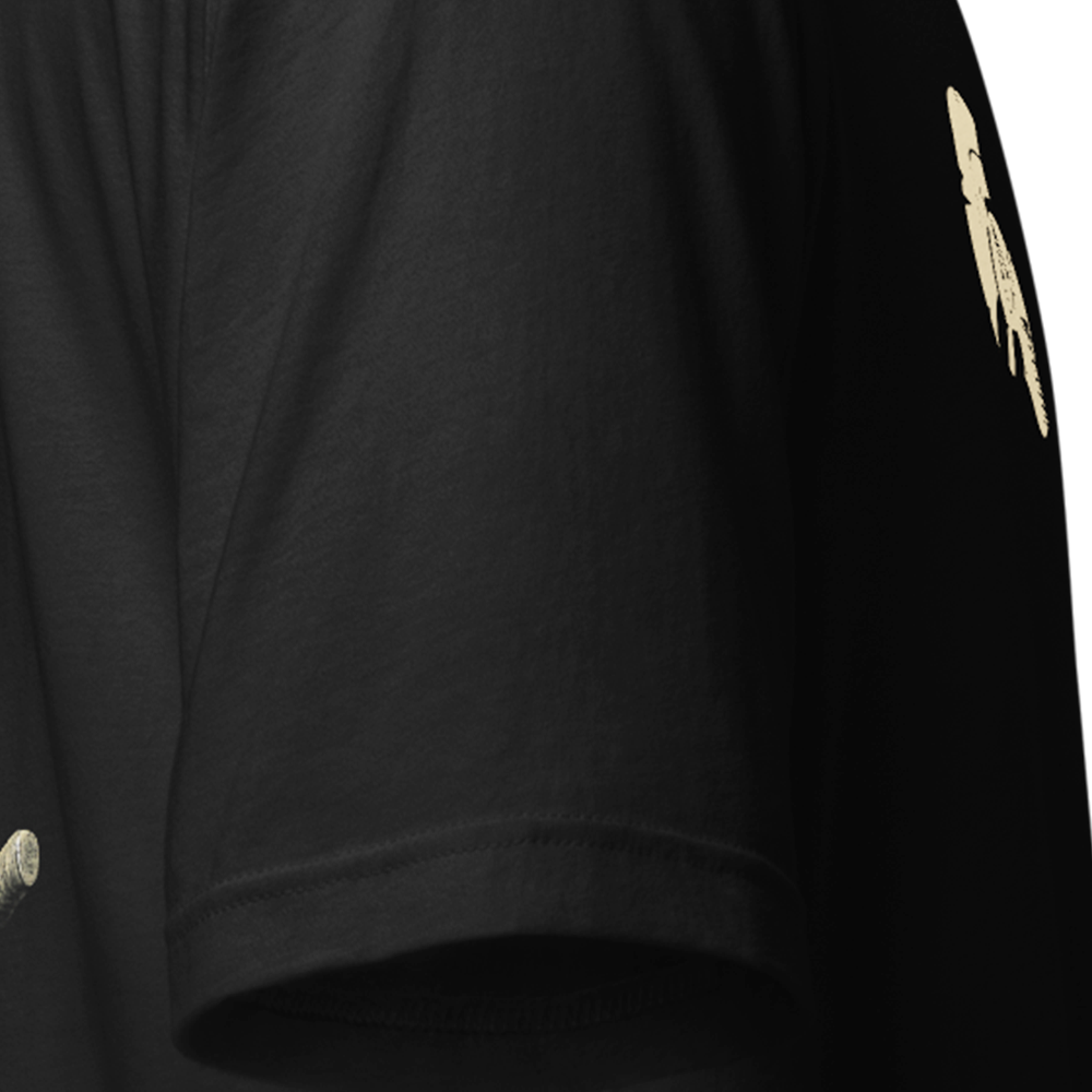 Close up of right sleeve of Black short sleeve unisex fit original cotton T-Shirt by Achilles Tactical Clothing Brand printed with Warrior in a garden design across back