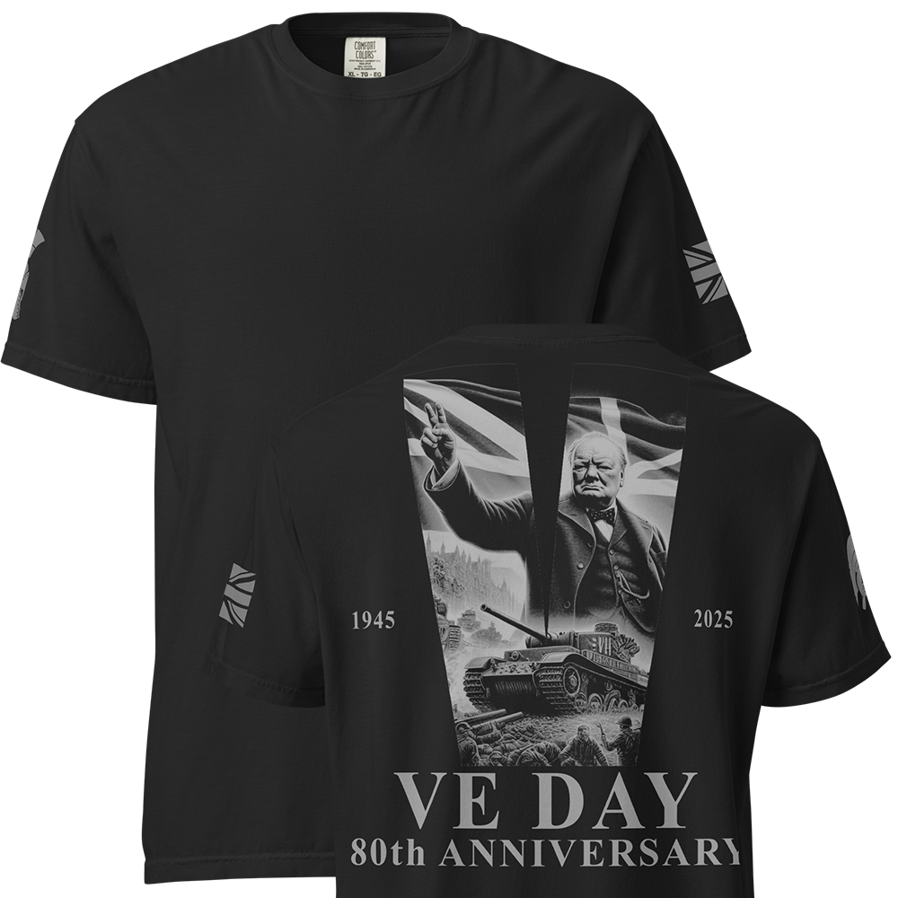 Front and back view of Black short sleeve unisex fit classic cotton T-Shirt by Achilles Tactical Clothing Brand printed with Large VE DAY 80 design across back
