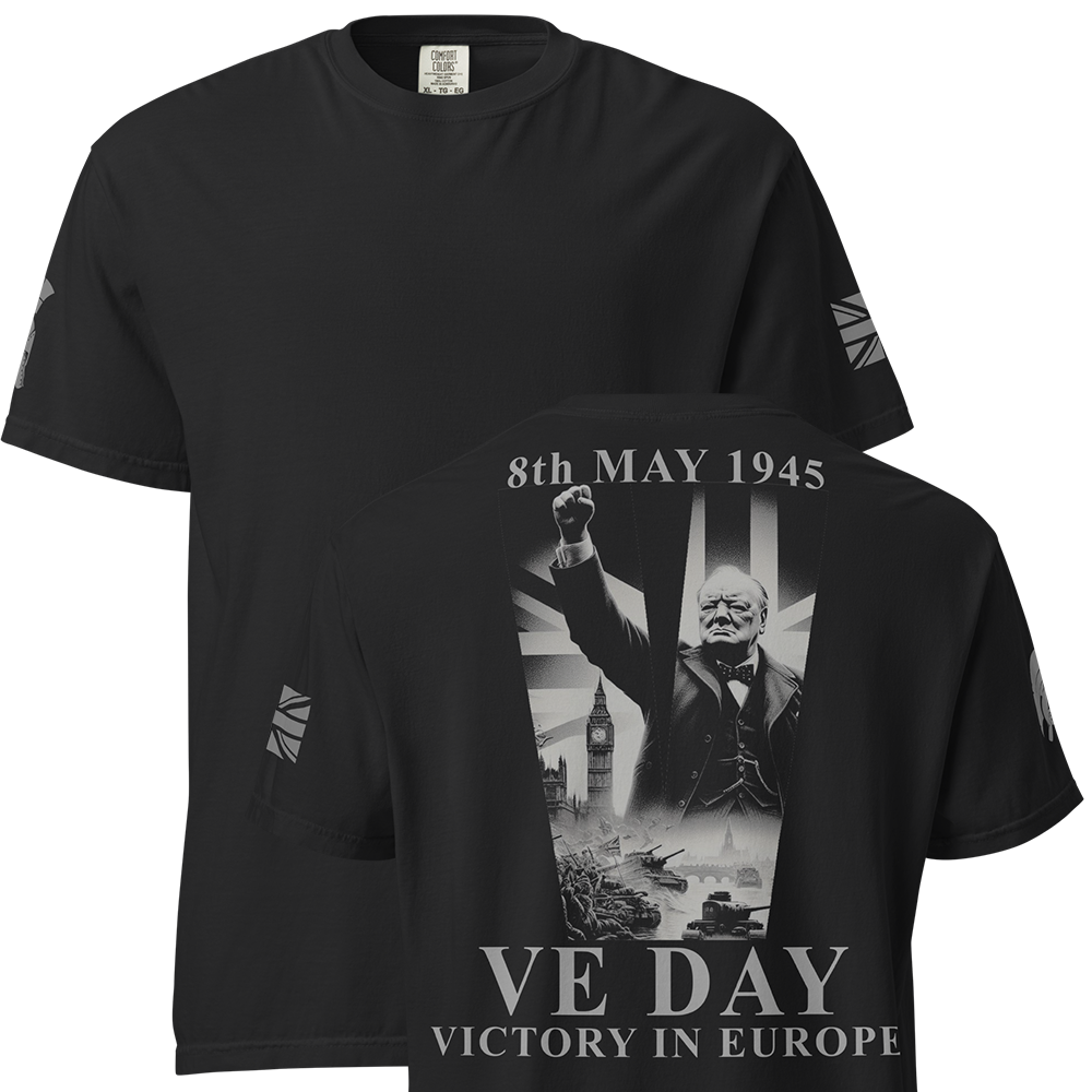 Front and back view of Black short sleeve unisex fit classic cotton T-Shirt by Achilles Tactical Clothing Brand printed with Large VE DAY design across back