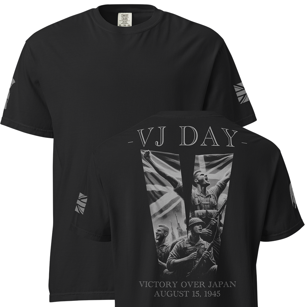 Front and back view of Black short sleeve unisex fit classic cotton T-Shirt by Achilles Tactical Clothing Brand printed with Large VJ DAY design across back