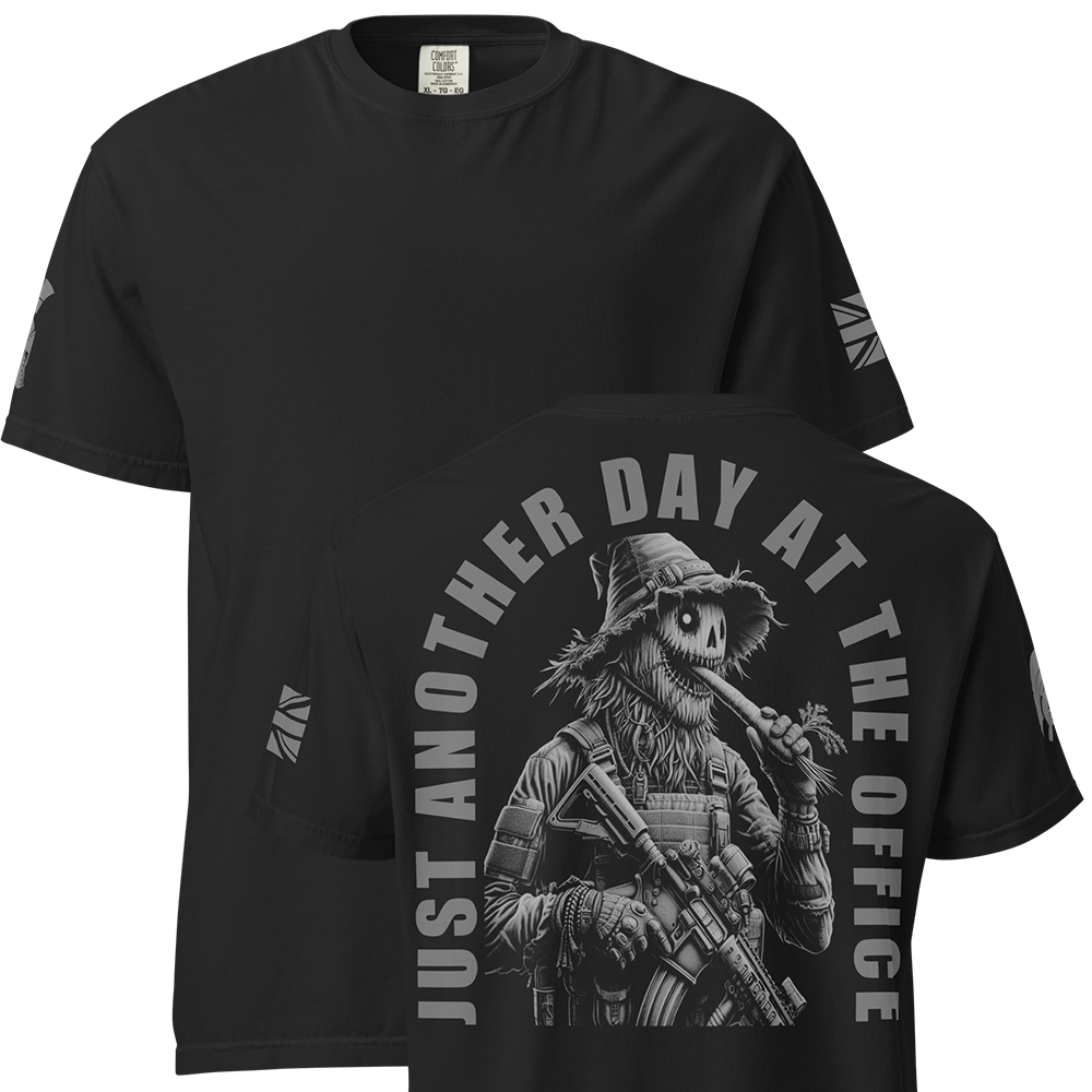 Front and back view of Black short sleeve unisex fit classic cotton T-Shirt by Achilles Tactical Clothing Brand printed with Large Just Another Day at the Office carrot Cruncher design across back