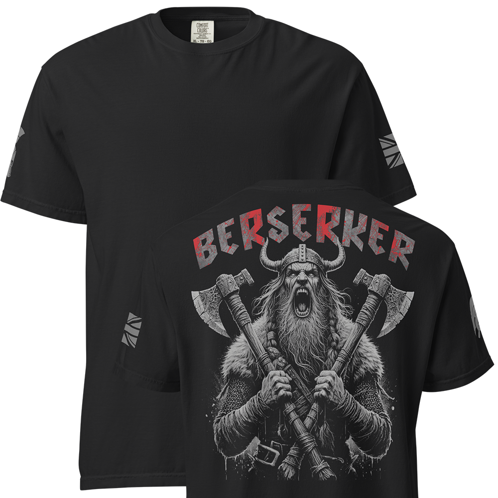 Front and back view of Black short sleeve unisex fit classic cotton T-Shirt by Achilles Tactical Clothing Brand printed with Large Berserker design across back