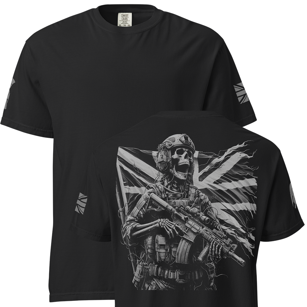 Front and back view of Black short sleeve unisex fit classic cotton T-Shirt by Achilles Tactical Clothing Brand printed with Large Defending the flag design across back