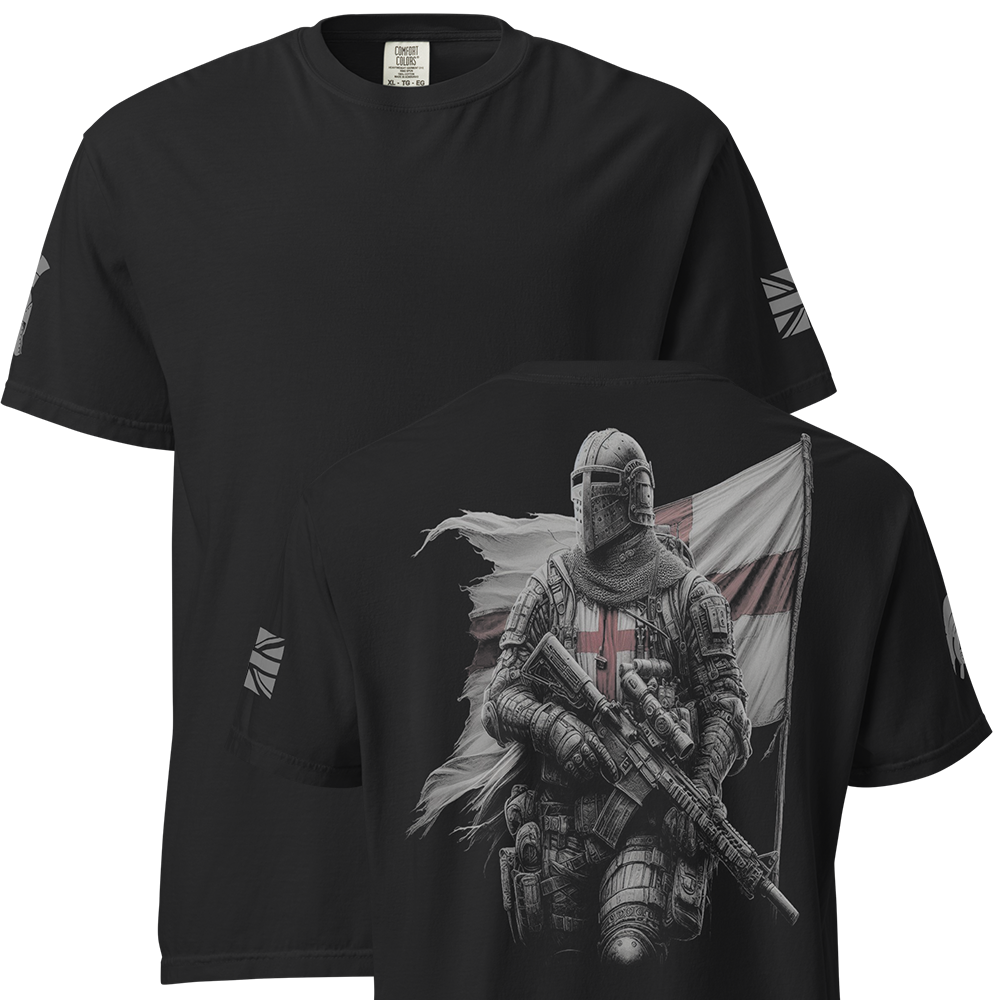 Front and back view of Black short sleeve unisex fit classic cotton T-Shirt by Achilles Tactical Clothing Brand printed with Large English Knight II design across back