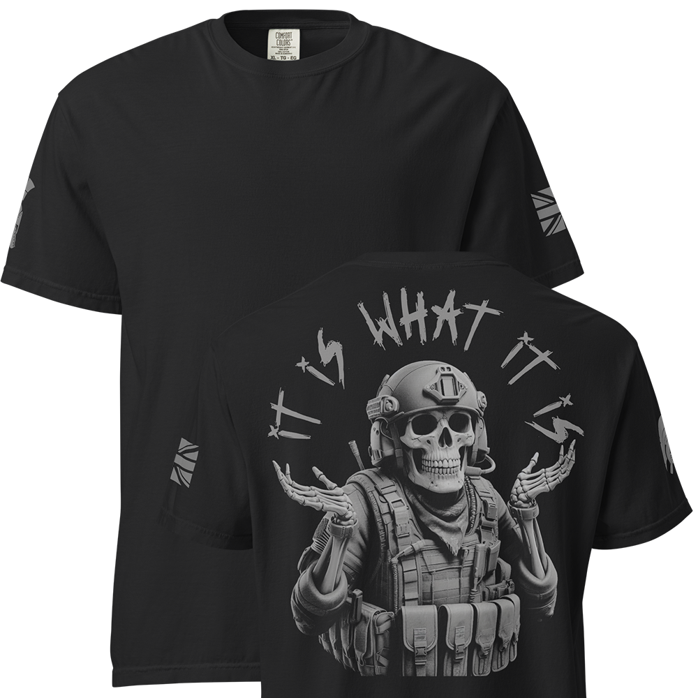 Front and back view of Black short sleeve unisex fit classic cotton T-Shirt by Achilles Tactical Clothing Brand printed with Large it is what it is design across back