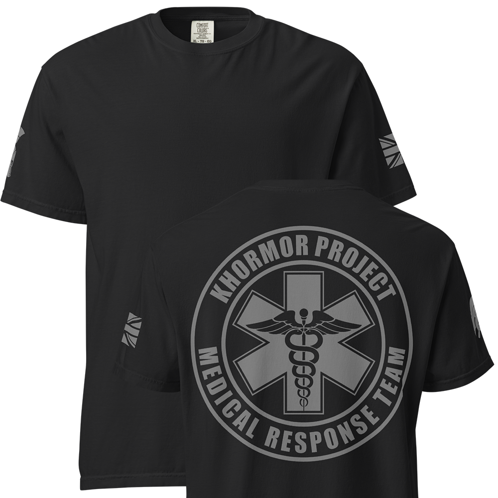 Front and back view of Black short sleeve unisex fit classic cotton T-Shirt by Achilles Tactical Clothing Brand printed with Large Khormor Project design across back