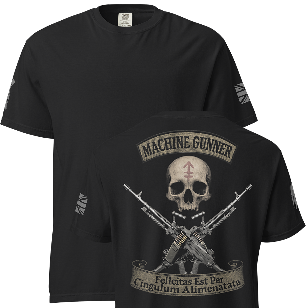 Front and back view of Black short sleeve unisex fit classic cotton T-Shirt by Achilles Tactical Clothing Brand printed with Large machine gunner design across back