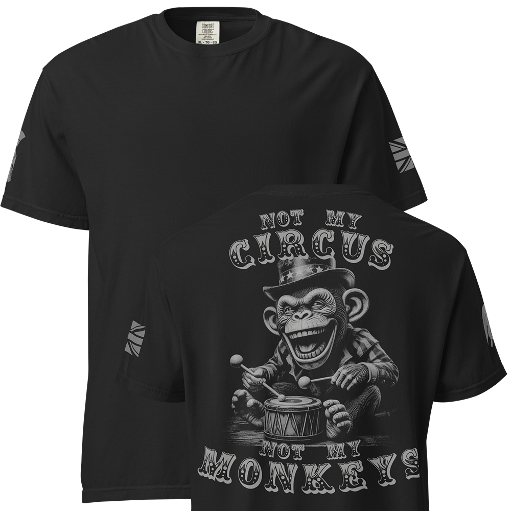 Front and back view of Black short sleeve unisex fit classic cotton T-Shirt by Achilles Tactical Clothing Brand printed with Large Not my circus not my monkeys design across back