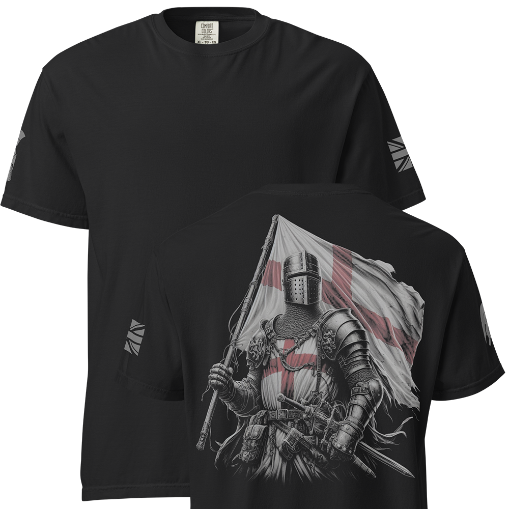 Front and back view of Black short sleeve unisex fit classic cotton T-Shirt by Achilles Tactical Clothing Brand printed with Large English Knight design across back
