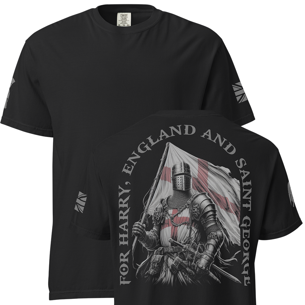 Front and back view of Black short sleeve unisex fit classic cotton T-Shirt by Achilles Tactical Clothing Brand printed with Large Saint George design across back