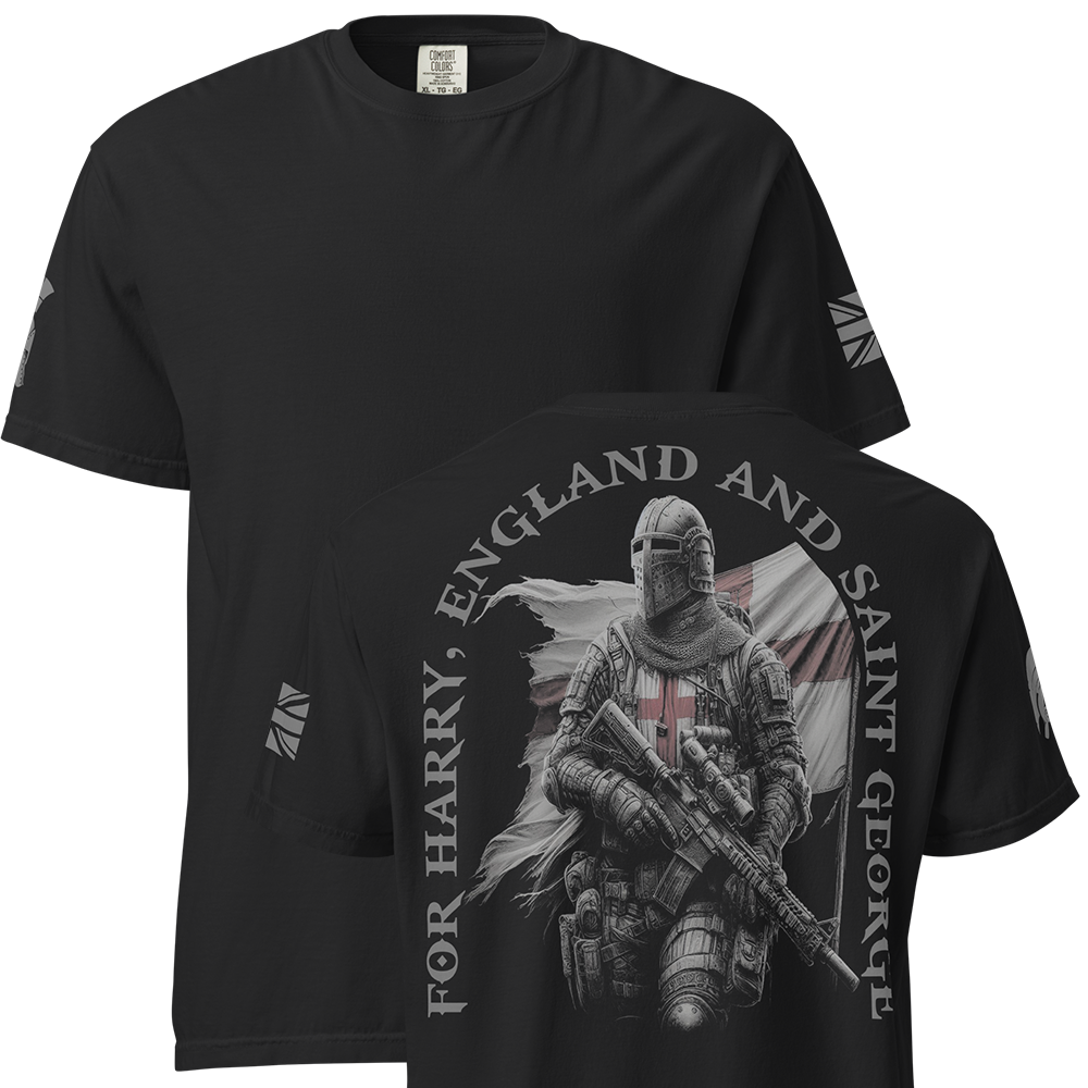Front and back view of Black short sleeve unisex fit classic cotton T-Shirt by Achilles Tactical Clothing Brand printed with Large Saint George II design across back
