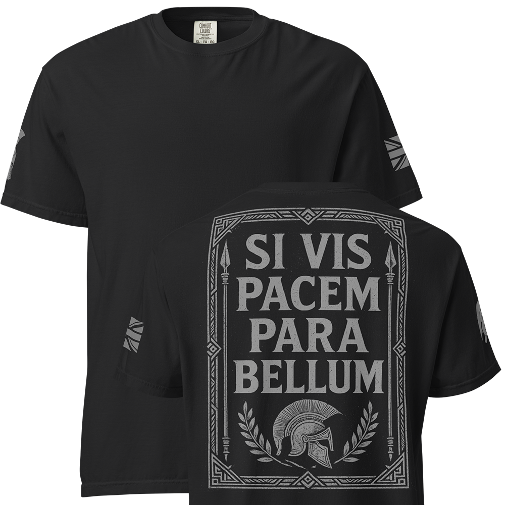 Front and back view of Black short sleeve unisex fit classic cotton T-Shirt by Achilles Tactical Clothing Brand printed with Large Si Vis Pacem design across back