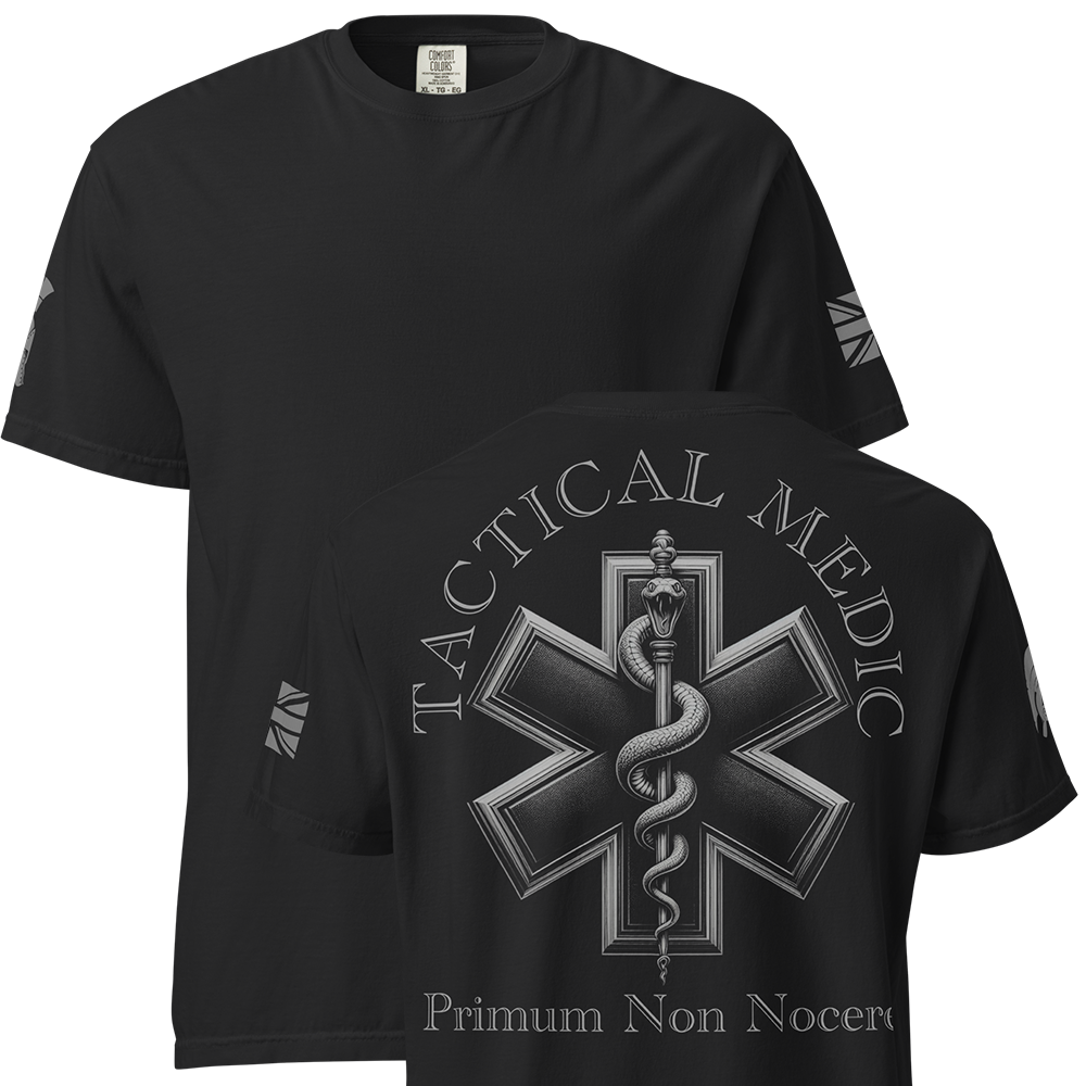 Front and back view of Black short sleeve unisex fit classic cotton T-Shirt by Achilles Tactical Clothing Brand printed with Large Tactical Medic I First Do No Harm design across back