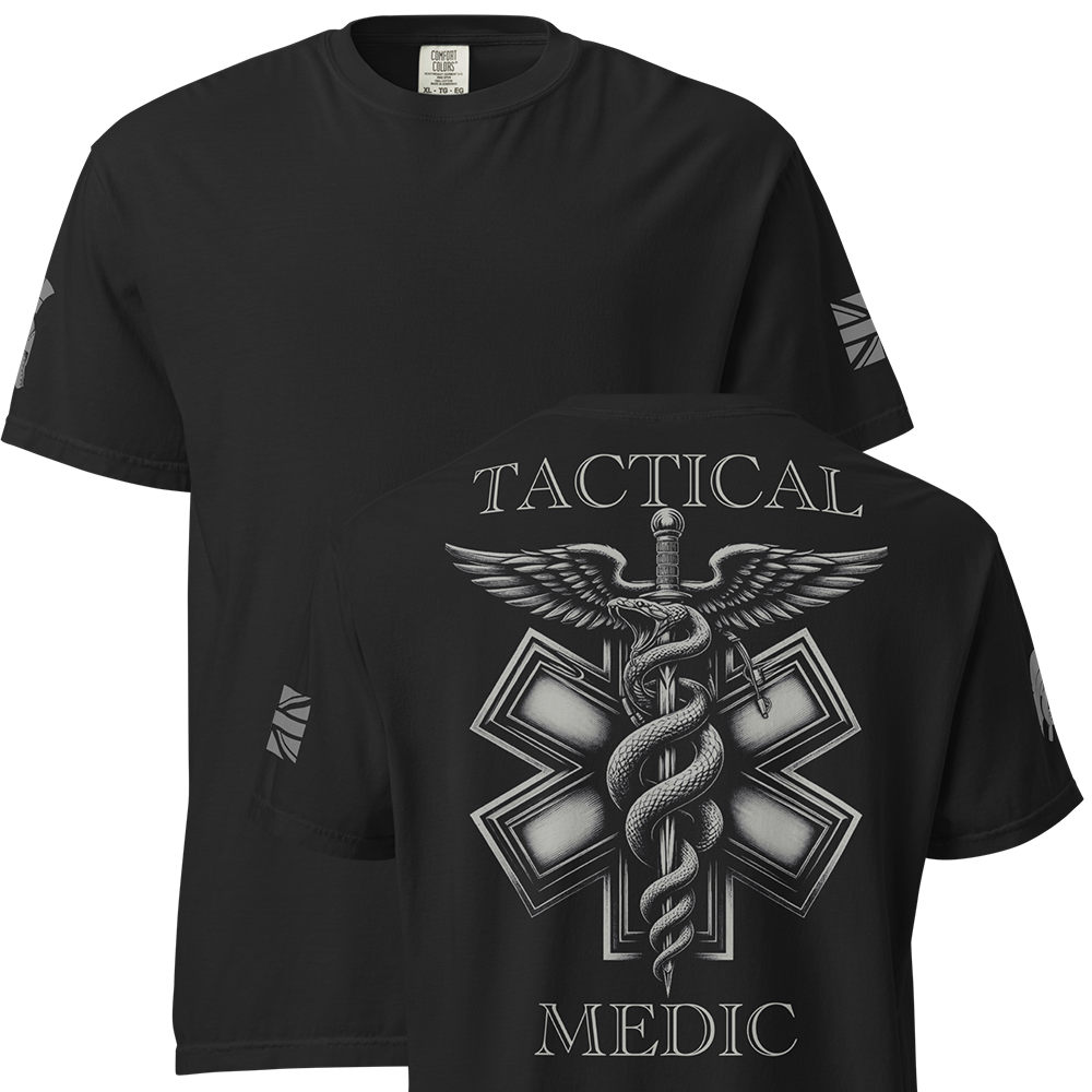 Front and back view of Black short sleeve unisex fit classic cotton T-Shirt by Achilles Tactical Clothing Brand printed with Large Tactical Medic II design across back