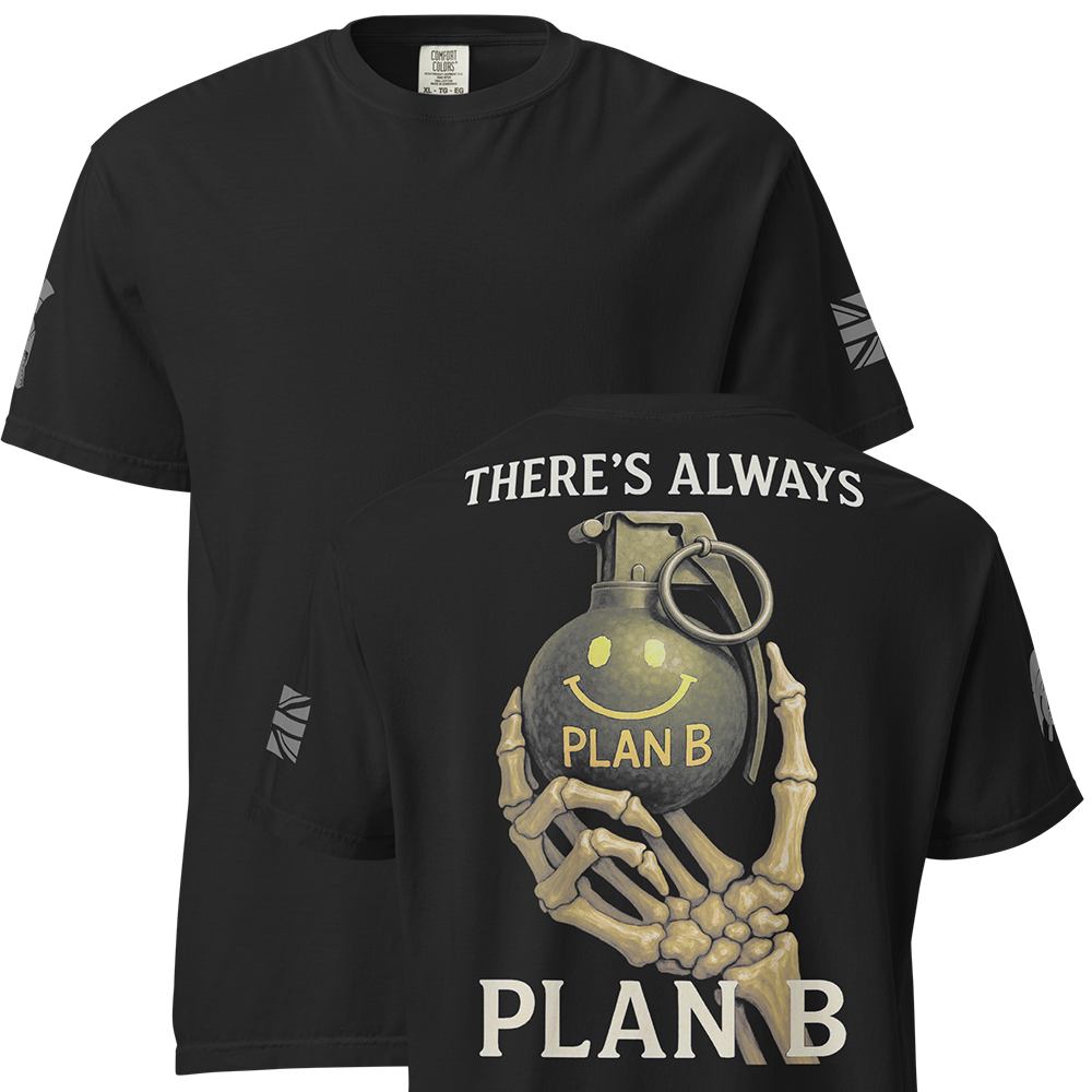 Front and back view of Black short sleeve unisex fit classic cotton T-Shirt by Achilles Tactical Clothing Brand printed with Large There's Always Plan B design across back